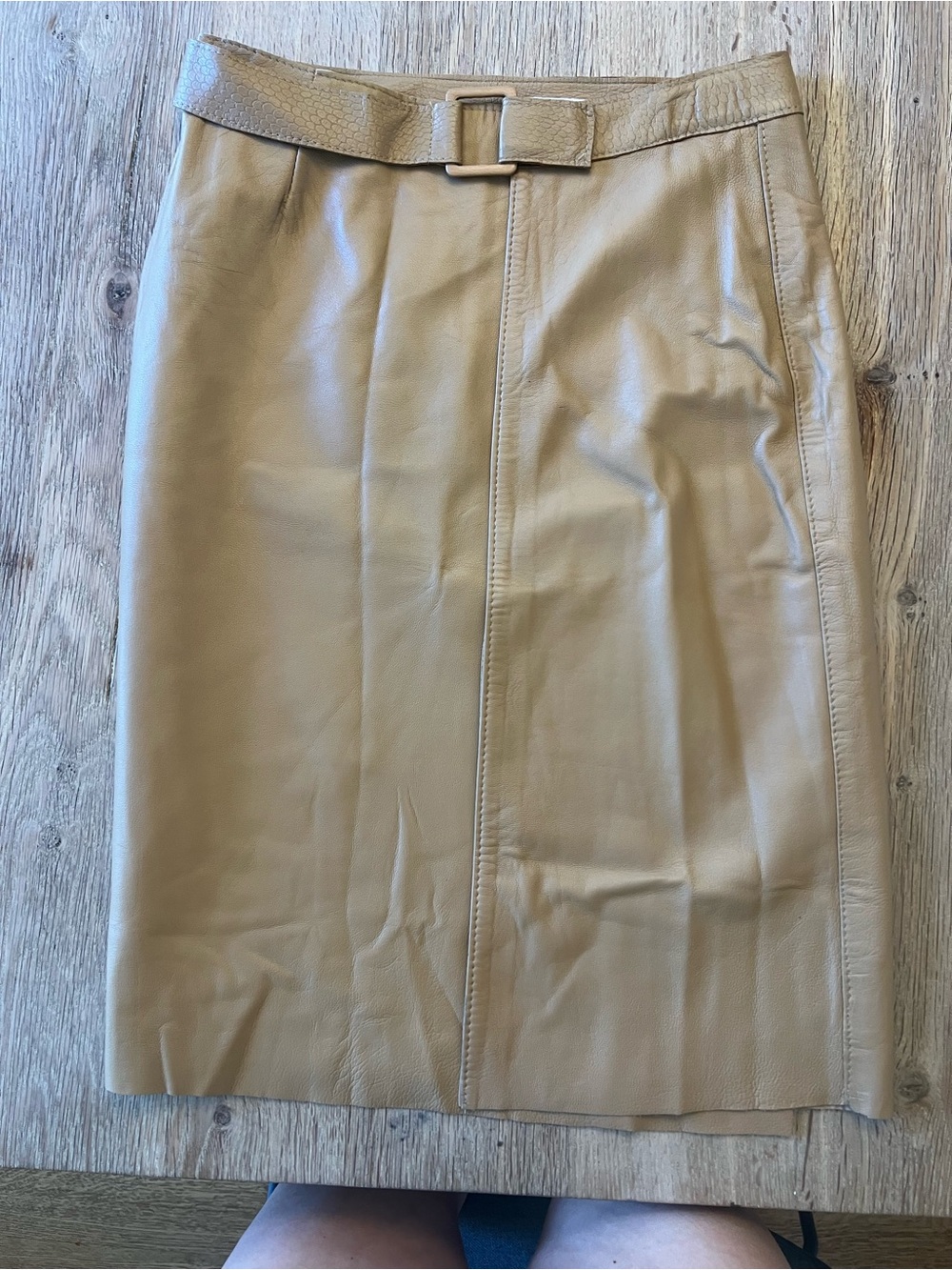Vintage Pinko Italy Tan Leather Belted Pencil Skirt Genuine Leather Size 40 US 4